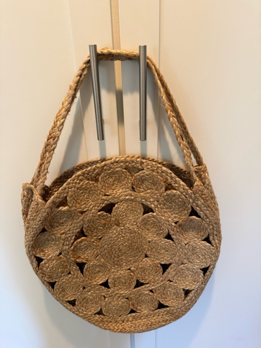 MNG Round Woven Straw Tote Bag in Natural
